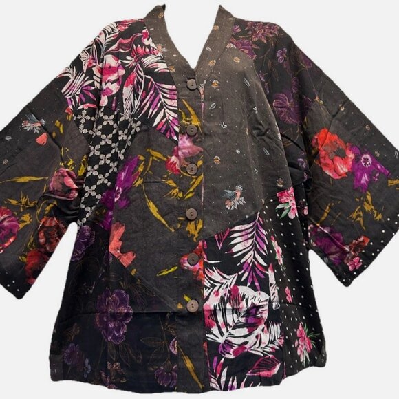 Nwt SACRED THREADS patch hippie boho funky rayon kimono TOP TUNIC 3X - Picture 1 of 3